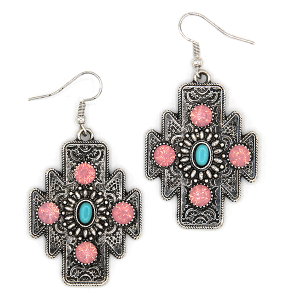 Western Aztec Concho Stone Silver Pink Earrings
