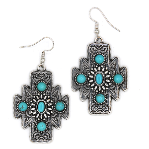 Western Aztec Concho Stone Silver Turquoise Earrings