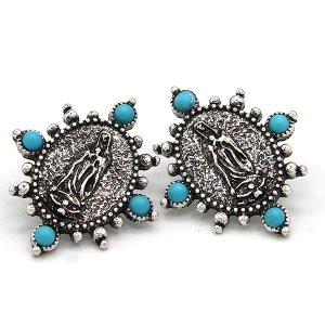 Virgin Mary Western Concho Silver Turquoise Earrings