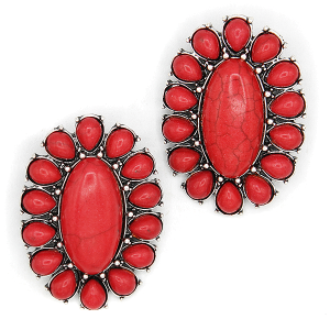 Western Stone Cluster Concho Silver Red Earrings
