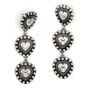Western 3D Ball Textured Heart 3 Tiered Dangle Silver Earrings