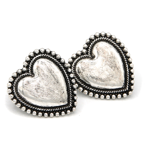 Western Brushed Concho Heart Silver Earrings