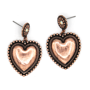 Western Brushed Heart Concho Drop Copper Earrings