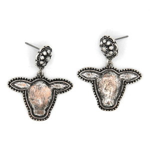 Western Brushed 2 Tone Western Cow Silver Earrings