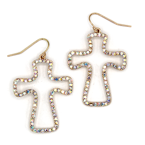 Rhinestone Accent Cross Drop Hook Gold AB Earrings