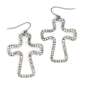 Rhinestone Accent Cross Drop Hook Silver AB Earrings