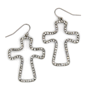 Rhinestone Accent Cross Drop Hook Silver Clear Earrings