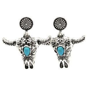 Starburst Concho Western Longhorn Turquoise Silver Earrings