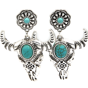 Floral Concho Western Longhorn Turquoise Silver Earrings