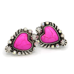 Western Stone Heart Concho Silver Fuchsia Earrings