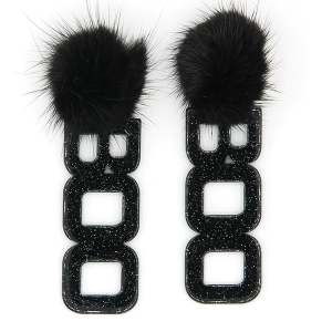 Halloween Pompom BOO Glittery Resin Black Earrings