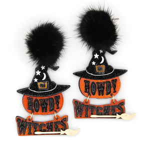 Halloween Pompom Howdy Witches Glittery Resin Black Earrings