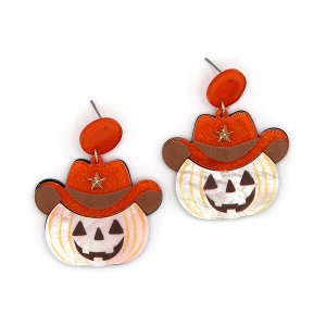 Halloween Cowboy Pumpkin Glittery Resin Ivory Earrings