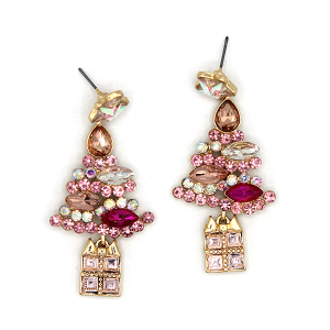 Glass Stone Christmas Tree Pink Earrings