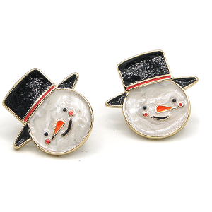 Christmas Snowman Metal Enamel White Gold Earrings