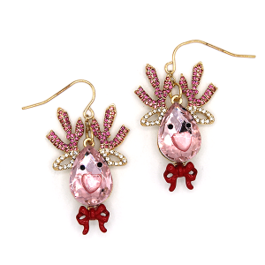 Glass Stone Rudolph Christmas Pink Earrings