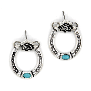 Western Rose Horseshoe Dangle Silver Earrings