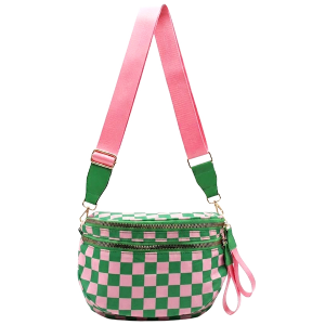 Dual Zip Pocket Checkered Pink Green Crossbody Bag 