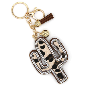 Rhinestone Leopard Fur Cactus Keychain Bag Charm Brown