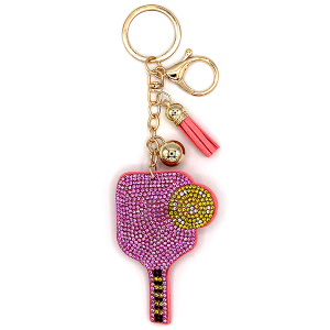 Pink Pickle Ball Paddle Puffy Rhinestone Keychain