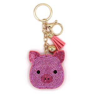 Pink Pig Head Puffy Rhinestone Keychain