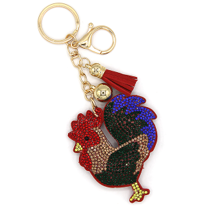 Rhinestone Rooster Keychain Bag Charm Multi Red