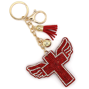 Rhinestone Cross Wings Keychain Bag Charm Red
