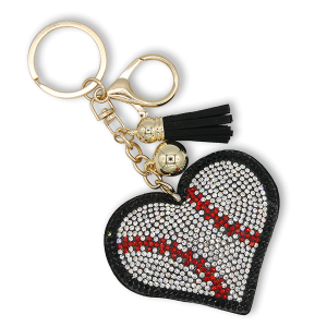 Rhinestone Baseball Heart Keychain Bag Charm Black