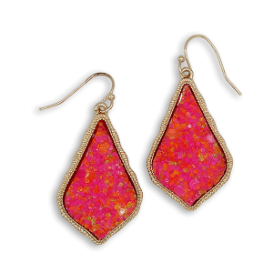 Glitter Accent Druzy Stone Teardrop Neon Pink Gold Earrings
