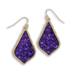 Glitter Accent Druzy Stone Teardrop Purple Gold Earrings