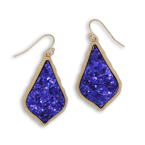 Glitter Accent Druzy Stone Teardrop Royal Blue Gold Earrings