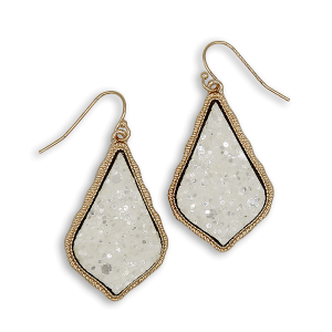 Glitter Accent Druzy Stone Teardrop White Gold Earrings