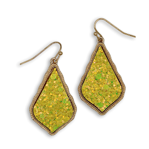 Glitter Accent Druzy Stone Teardrop Yellow Gold Earrings