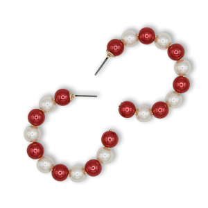 C Hoop College Color Accent Bead Red White Earrings