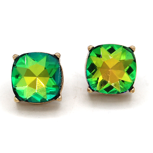 Glass Stone Square Gem Stud Gold Dark Blue Earrings