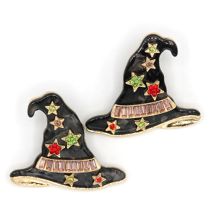 Resin Enamel Star Accent Witch Hat Halloween Black Gold Earrings