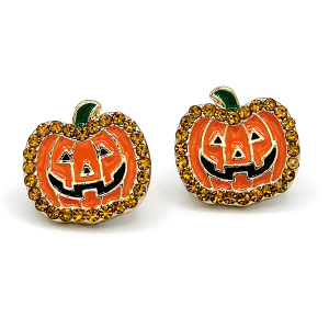 Rhinestone Pumpkin Enamel Halloween Orange Gold Earrings