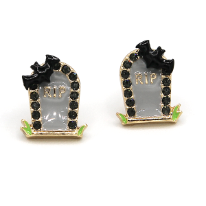 RIP Tombstone Enamel Halloween Gray Gold Earrings