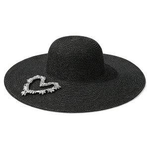 Rhinestone Heart Patch Straw Sun Hat Black