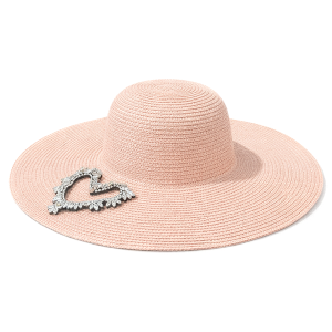 Rhinestone Heart Patch Straw Sun Hat Pink