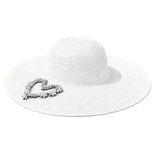 Rhinestone Heart Patch Straw Sun Hat White
