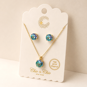 18K Gold Dipped Glass Stone Necklace Earring Set Gold Aqua AB