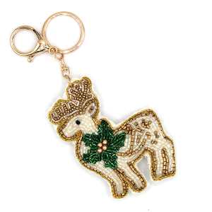 Reindeer Seed Bead Puffy Keychain Bag Charm White