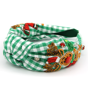 Checkered Plaid Rudolph Seed Bead Christmas Headband Green