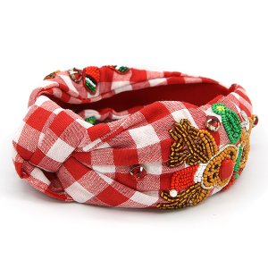 Checkered Plaid Rudolph Seed Bead Christmas Headband Red 