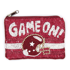 Game On! Football Helmet Seed Bead Coin Purse Burgundy White
