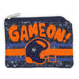 Game On! Football Helmet Seed Bead Coin Purse Navy Orange