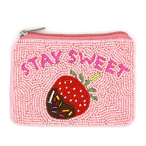 Stay Sweet Strawberry Seed Bead Coin Purse Pink