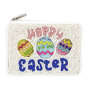 Happy Easter Eggs Seed Bead Coin Purse White