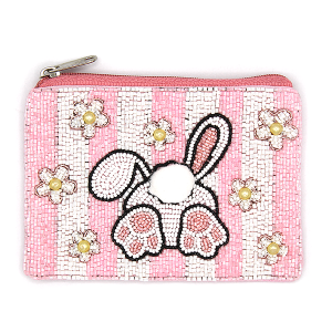 Flower Stripe Easter Bunny Seed Bead Coin Purse White Pink